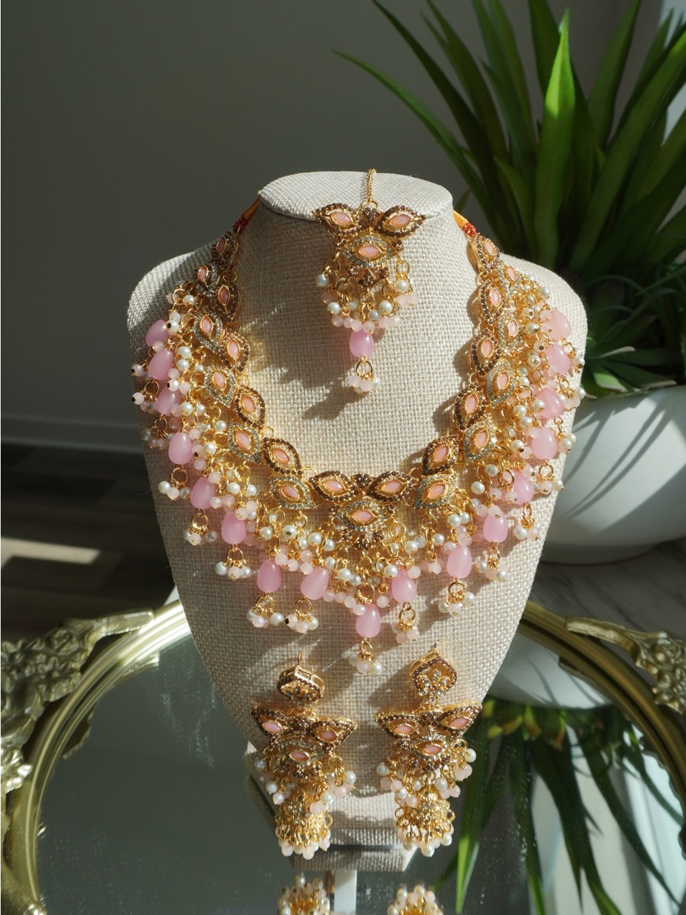 Gold and Pink Bridal Necklace Set with Earrings and tikka Pakistani Indian